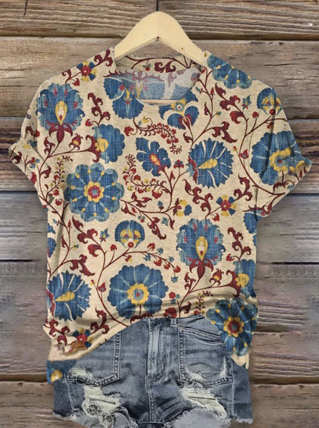 

Casual Floral Crew Neck Short Sleeve T-shirt, Khaki, T-shirts