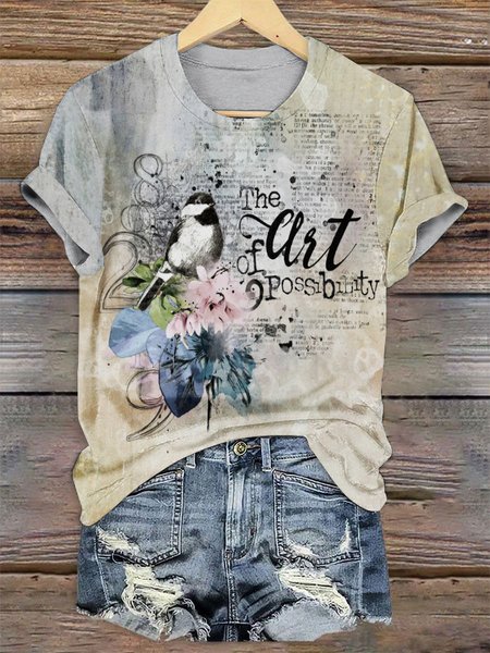 

Casual Floral Crew Neck Short Sleeve T-shirt, Apricot, T-shirts