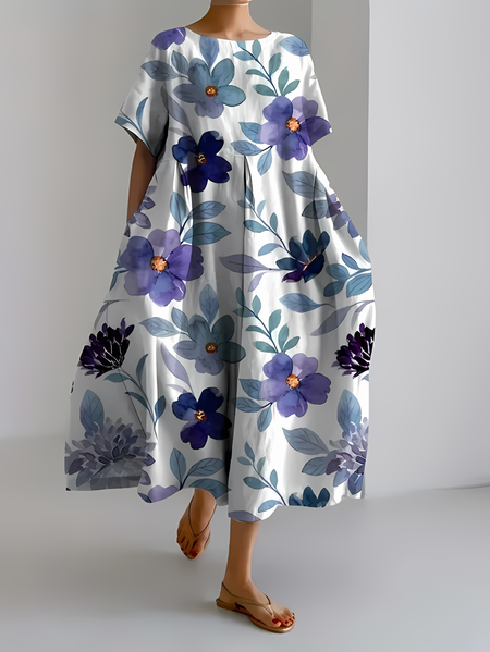 

Women's Artistic Floral Print Vintage Casual Dress, As picture, Dresses