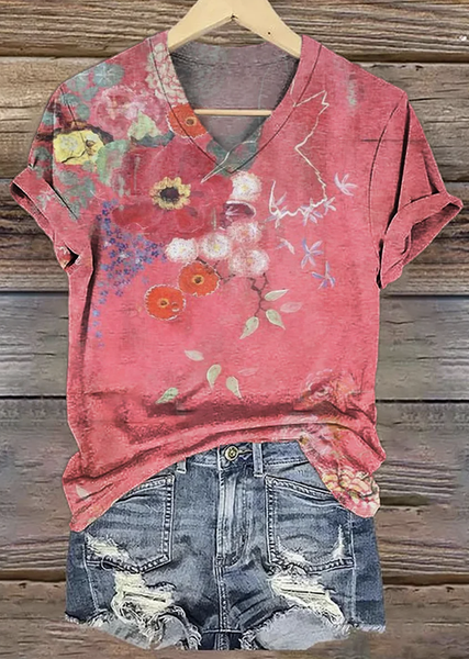 

Casual Floral V Neck Short Sleeve T-shirt, Red, T-shirts