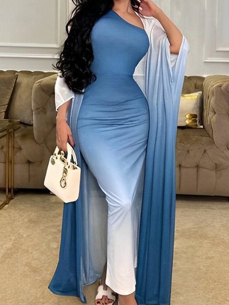 

Vacation Gradient Pattern One Shoulder Maxi Dress, Blue, Maxi Dresses