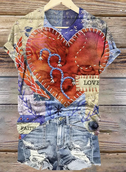 

Casual Vintage Heart Pattern Print V Neck Short Sleeve T-shirt, Blue, T-shirts