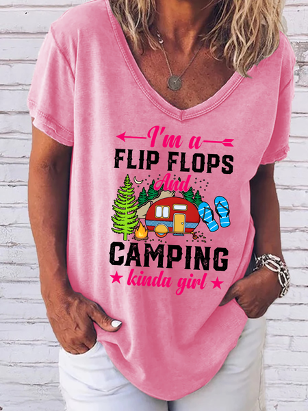 

I'm a Flip Flop and Camping Kinda Girl V Neck Casual T-Shirt, Pink, T-shirts