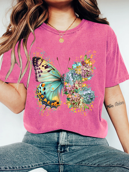 

Floral Butterfly Print Wash T-Shirt, Rose red, T-shirts