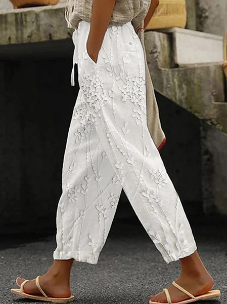 

Women's Trousers Straight Pants Daily Going Out Casual Printing Linen Blend Floral Spring/Fall Pants, White, Pants