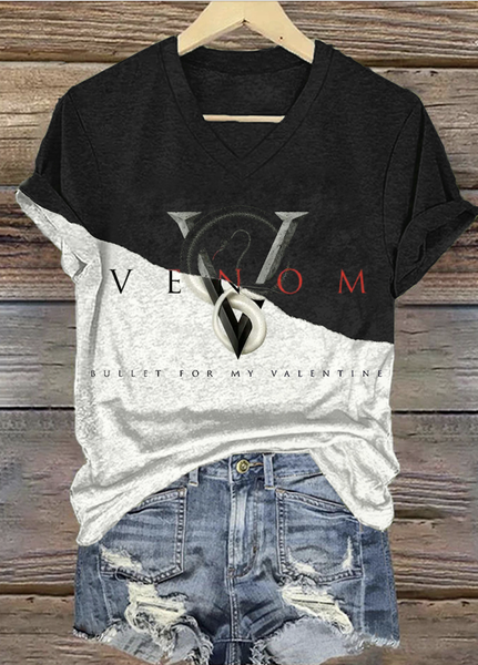 

Casual Geometric V Neck Short Sleeve T-shirt, Black, T-shirts