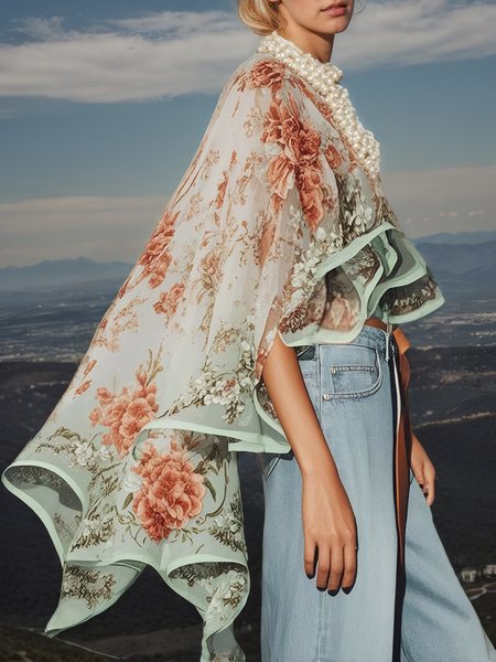 

Vacation Floral Printing Crew Neck Blouse, As picture, Blouses and Shirts