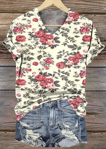 

Casual Floral V Neck Short Sleeve T-shirt, Apricot, T-shirts