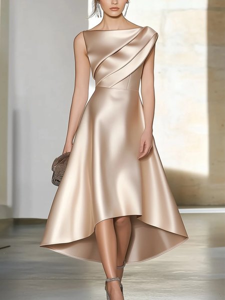 

Elegant Plain Ruched Boat Neck Midi Party Dress, Champagne, Midi Dresses