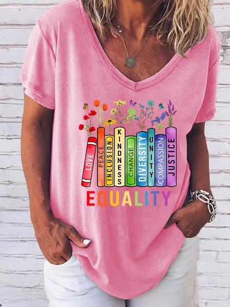 

Women Equal Rights Shirt, Book Flower V Neck Casual T-Shirt, Pink, T-shirts