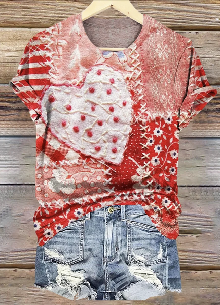 

Casual Heart Pattern Print V Neck Short Sleeve T-shirt, Red, T-shirts