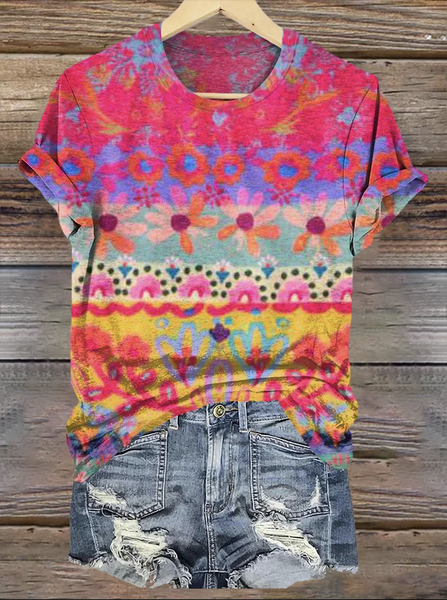 

Casual Floral Crew Neck Short Sleeve T-shirt, Rose red, T-shirts