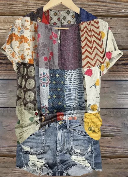 

Cotton V Neck Vintage T-Shirt, As picture, T-shirts