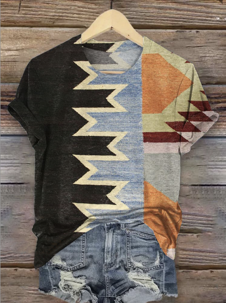 

Vintage Geometric Crew Neck Short Sleeve T-shirt, Black, T-shirts