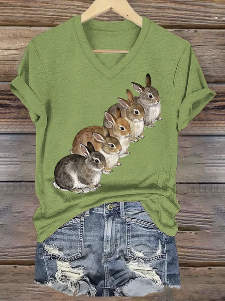 

Casual Animal V Neck Short Sleeve T-shirt, Lightgreen, T-shirts