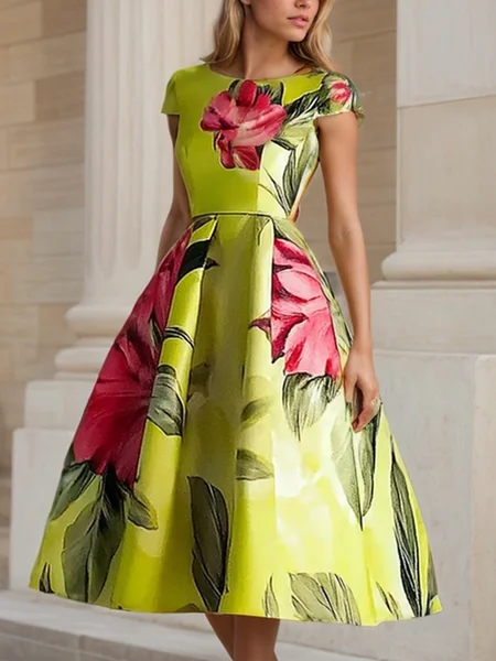 

Elegant Floral Crew Neck Midi Party Dress, As picture, Midi Dresses