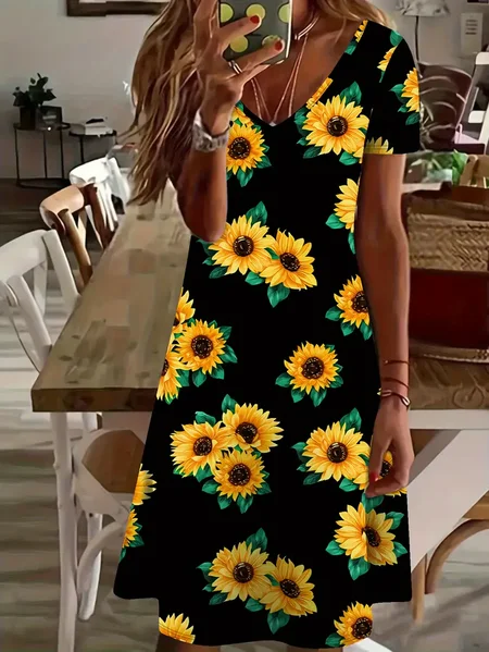 Women's Floral Spring Print Casual V-Neck Short Sleeve Dress, Black, Dresses