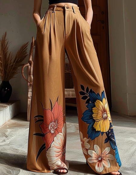 

Casual Floral Printing Wide Leg Pants, Multicolor, Pants