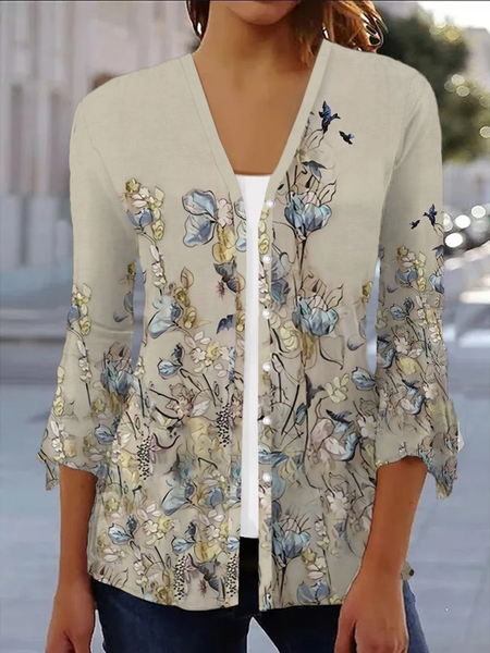 

Women's Floral Spring/Fall Cover-up Casual Printing Lightweight Cardigan, Khaki, Cardigans