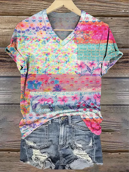 

Casual Floral Crew Neck Short Sleeve T-shirt, Rose red, T-shirts