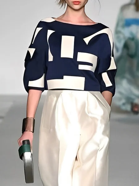 

Urban Geometric Printing Crew Neck Raglan Sleeves Blouse, Blue-white, Blouses and Shirts