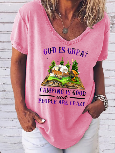 

God Is Great Camping Shirt – Funny Camping V Neck Cotton-Blend T-Shirt, Pink, T-shirts