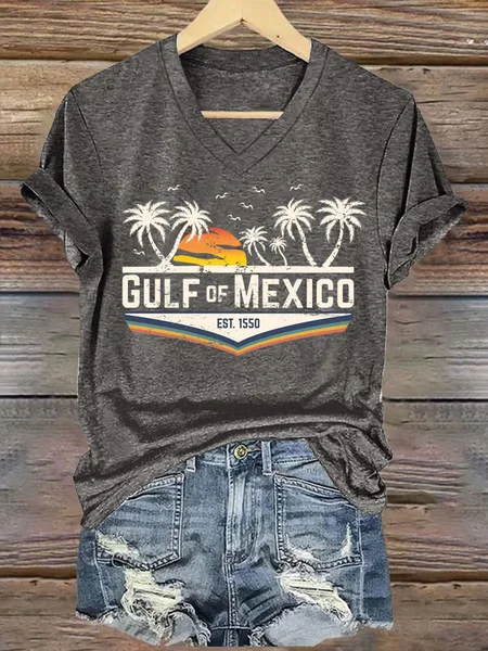 

Women's Gulf Of Mexico Printed V Neck T-Shirt, Gray, T-shirts