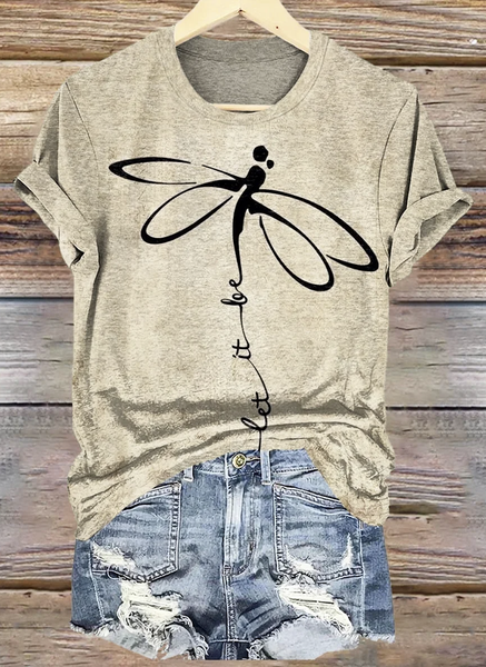 

Casual Dragonfly Pattern Crew Neck Short Sleeve T-shirt, Apricot, T-shirts