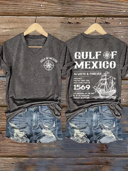 

Women's Gulf Of Mexico Printed V Neck T-Shirt, Gray, T-shirts