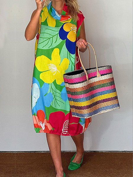

Vacation Floral Printing Pockets Midi Dress, As picture, Midi Dresses