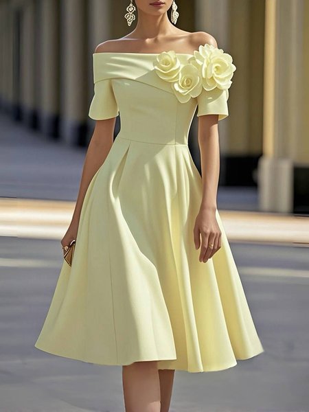 

Elegant Plain 3D Floral Off The Shoulder Midi Party Dress, Light yellow, Midi Dresses