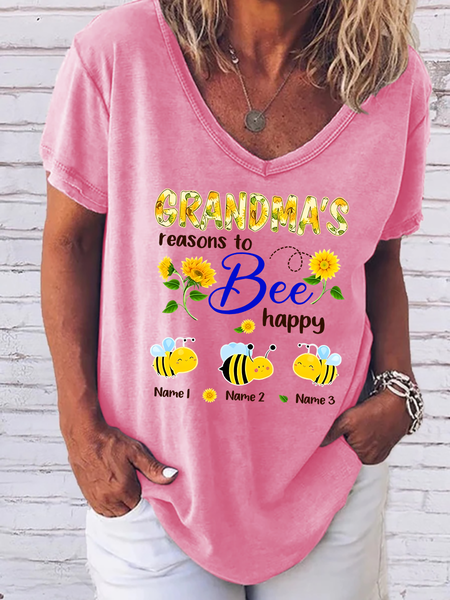 

Women's Personalized Grandma With Grandkids Sunflower Bee Butterfly V Neck Loose T-Shirt, Pink, T-shirts