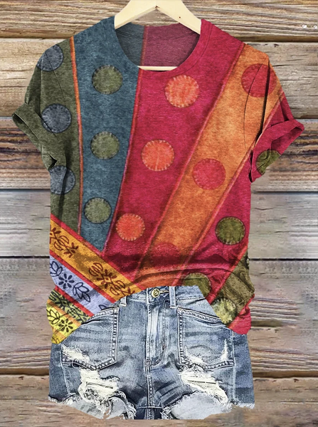 

Crew Neck Geometric Vintage Cotton T-Shirt, Red, T-shirts