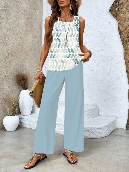 Women Geometric Crew Neck Sleeveless Comfy Casual Printing Top With Pants Two-Piece Set, Blue, Sets