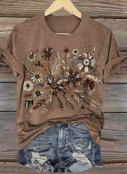 

Casual Floral Crew Neck Short Sleeve T-shirt, Brown, T-shirts