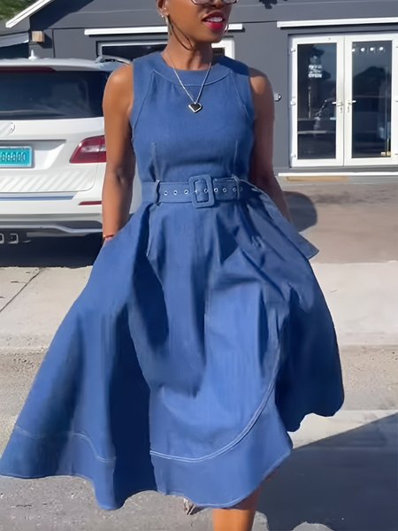 

Urban Denim Plain Maxi Dress With Belt, Blue, Midi Dresses