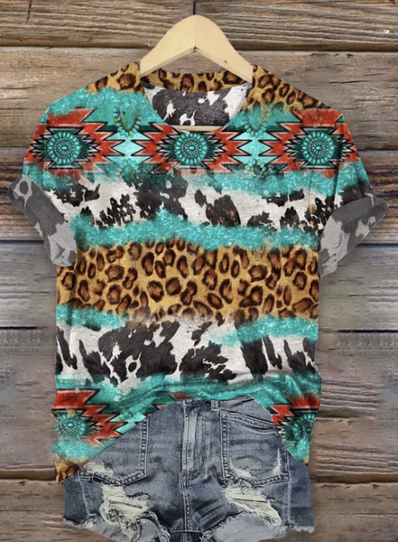 

Casual Vintage Ethnic Pattern Crew Neck Short Sleeve T-shirt, Lake blue, T-shirts