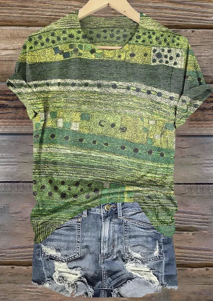 

Casual Geometric Crew Neck Short Sleeve T-shirt, Green, T-shirts