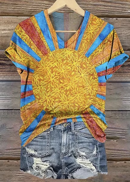 

Colorful Sun Collage Art Print V Neck Short Sleeve T-shirt, Orange, T-shirts