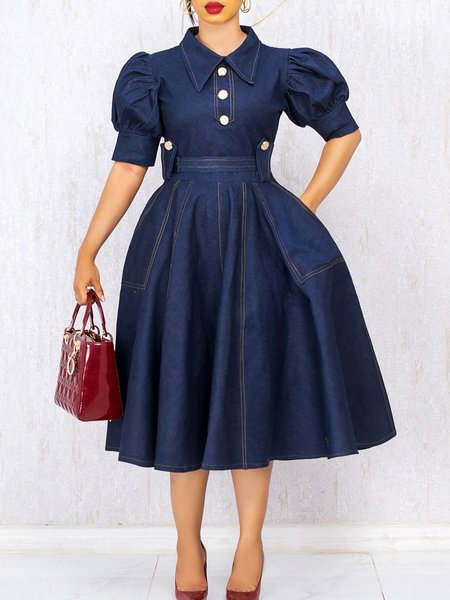 

Urban Plain Puff Sleeve Shirt Collar Denim Midi Dress, Blue, Midi Dresses