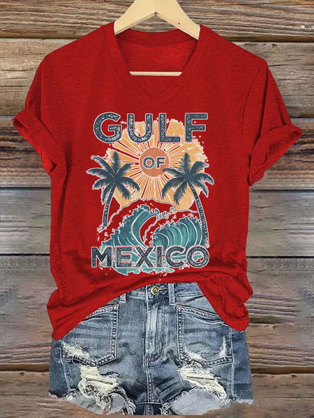 

Women's Retro Gulf of Mexico Print T-Shirt, Red, T-shirts