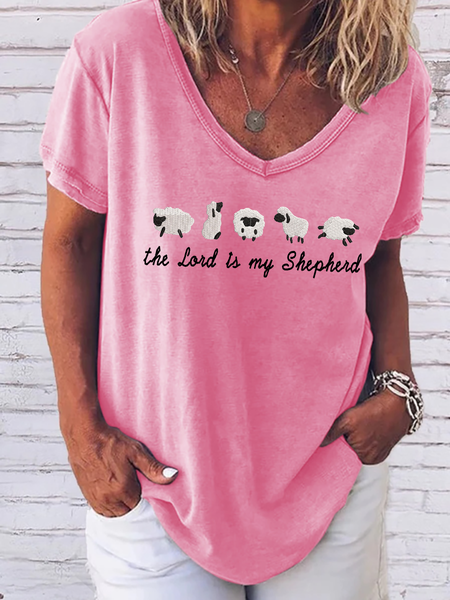

Women's V-Neck Loose T-Shirt – 'The Lord is My Shepherd', Pink, T-shirts