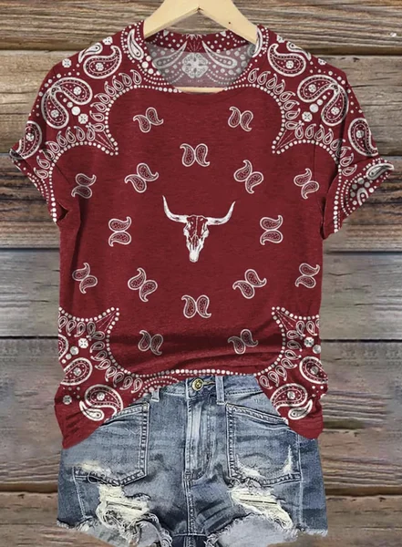 

Geometric Cotton Vintage Crew Neck T-Shirt, Red, T-shirts