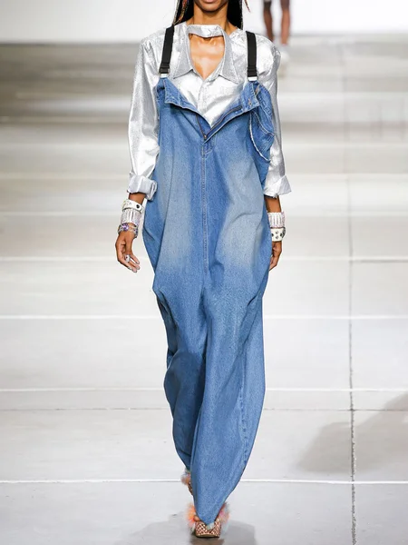 

Loose Plain Casual Denim Bib Pants, Blue, Jumpsuits