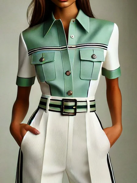 Urban Contrast Stitching Printing Shirt, As picture, Blouses and Shirts