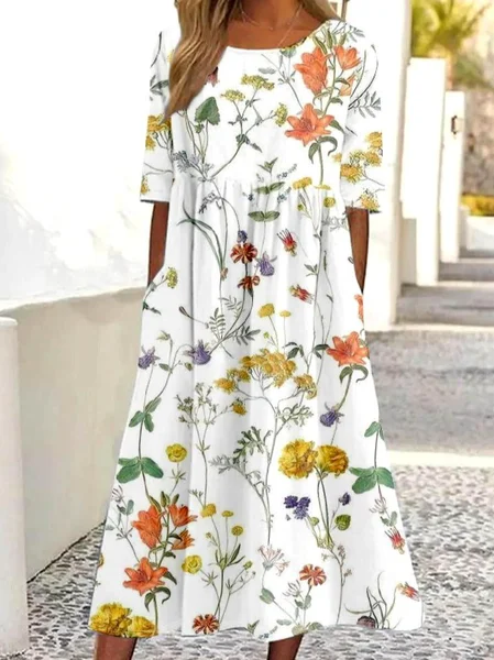 Loose Casual Floral Crew Neck Dress With No, Orange, Maxi Dresses