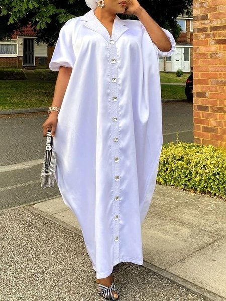 

Elegant Loosen Rhinestone Lapel Collar Maxi Dress, White, Maxi Dresses
