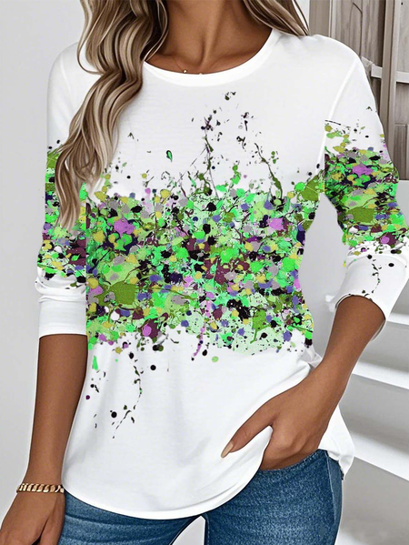 Casual Long Sleeve Round Neck T-Shirt, Green, Long sleeves