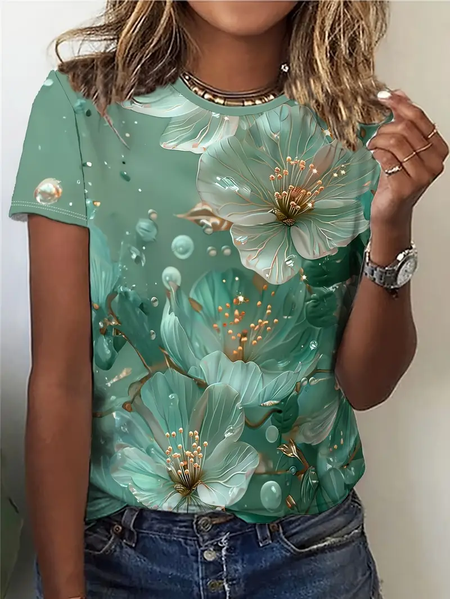 

Women's Floral Short Sleeve Tee T-shirt Crew Neck Printing Casual Summer Graphic Tee Top, Green, T-Shirts
