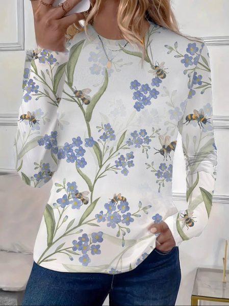 

Women's Floral Long Sleeve Tee T-shirt Crew Neck Printing Casual Spring/Fall Graphic Tee Top, White, T-Shirts